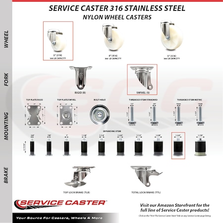 Service Caster 3 Inch 316SS Nylon Wheel Swivel 1-3/4 Inch Expanding Stem Caster SCC-SS316EX20S314-NYS-134